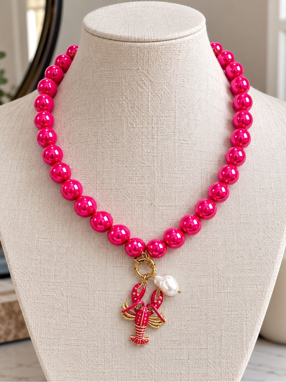 New mayamar Hot Pink Beaded iridescent Necklace with Lobster Charm